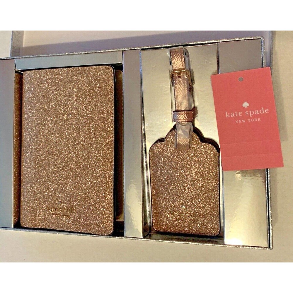 Kate Spade Shimmy Boxed Travel Set Passport Holder & Luggage Tag Rose Gold NIB